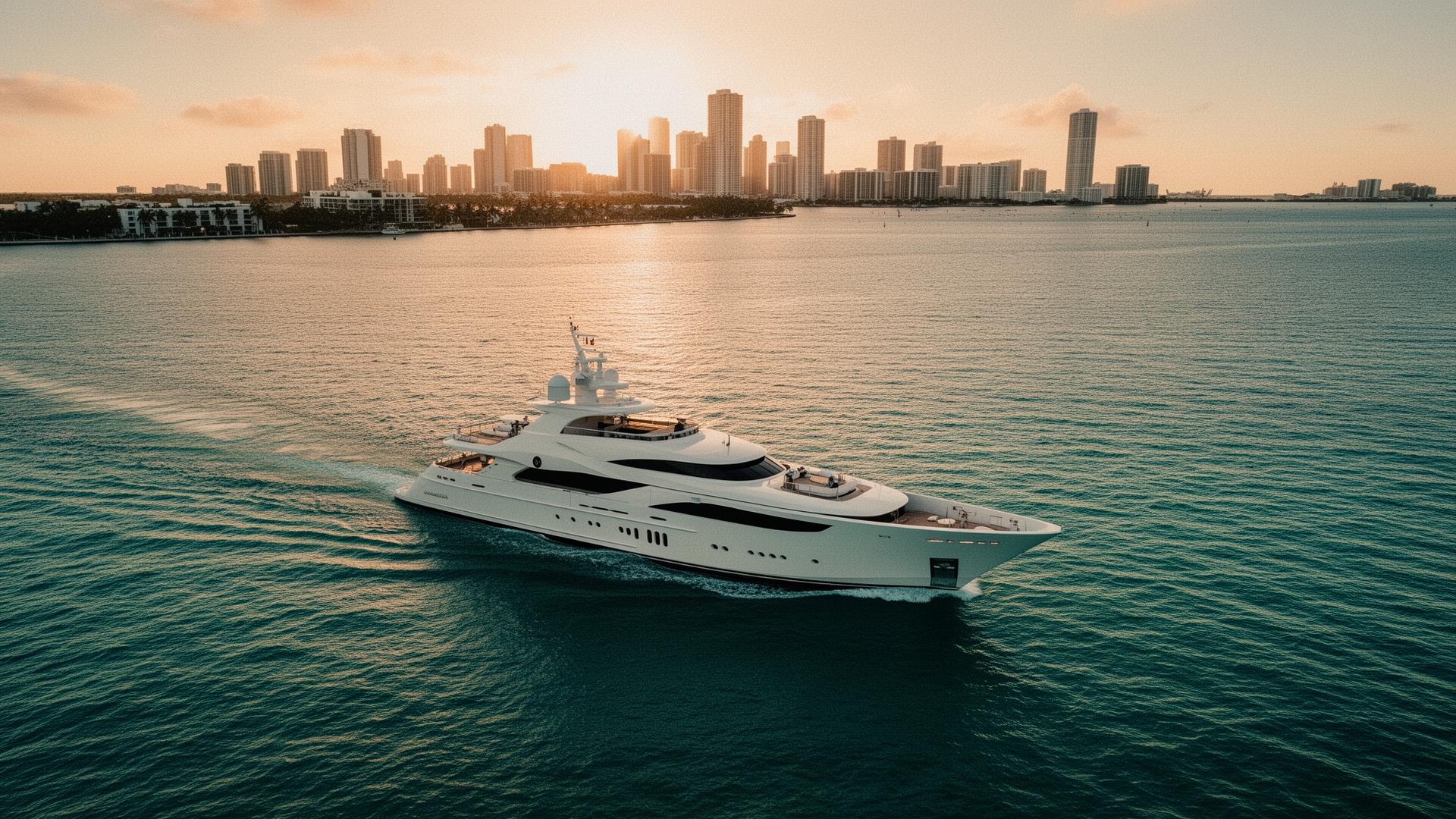 Luxury yacht cruising Miami at golden hour